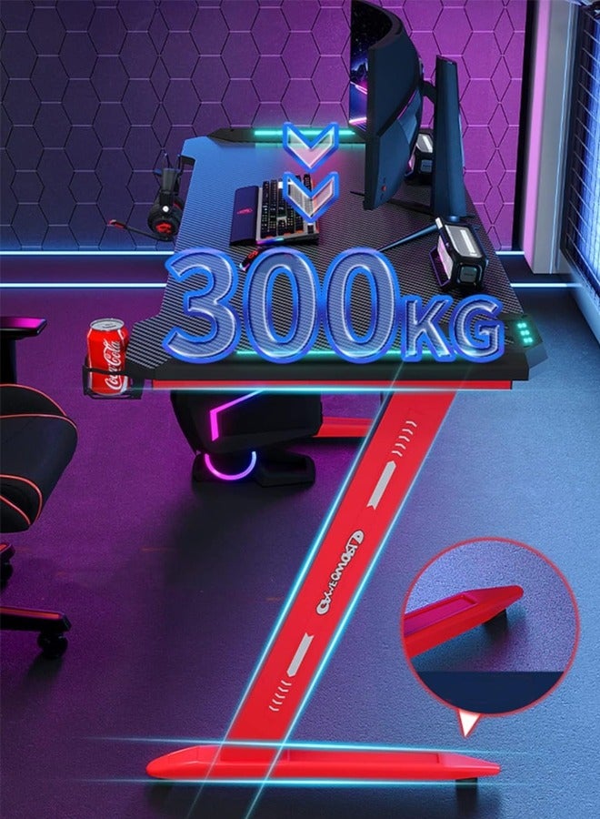 Premium Gaming Desk with RGB LED Lights, E-Sports Computer Desk with Carbon Fiber Surface, Cup Holder and Headphone Hook, Home Gaming Desk with RGB Atmosphere Lighting 140 cm