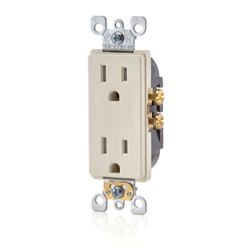 Leviton 15 Amp 125 Volt, Tamper Resistant, Decora Duplex Receptacle, Straight Blade, Self Grounding, T5325-ST, Light Almond - Image 1