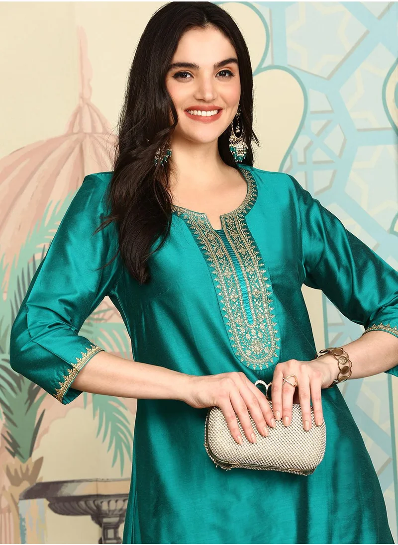 آي شين Straight Fit Woven Design Pattern Round Neck Three-Quarter Sleeves Teal Colour Woven Cotton Kurta Set for Women with Semi Elastic Closure - Perfect for your Festive Celebrations