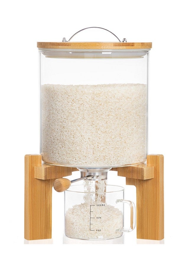 hblife HBlife 8-10 lbs Glass Rice Dispenser with Wooden Stand Flour and Cereal Container with Glass Measuring Cup Pantry Food Organization Storage Bin with Airtight Bamboo Lid, 5L  - Image 1