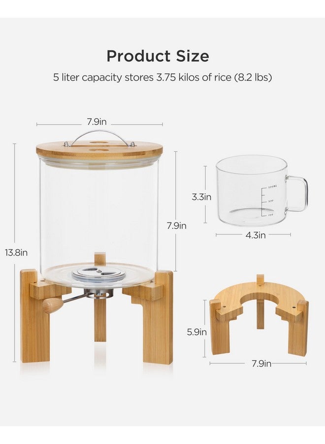 hblife HBlife 8-10 lbs Glass Rice Dispenser with Wooden Stand Flour and Cereal Container with Glass Measuring Cup Pantry Food Organization Storage Bin with Airtight Bamboo Lid, 5L  - Image 2