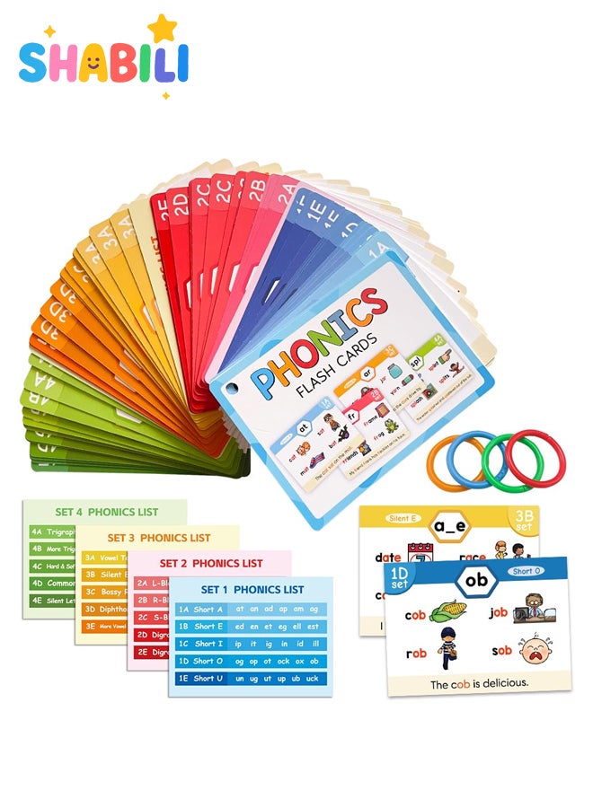 SHABILI 65PCS Phonics Flash Cards for Kids, Early Learning Spelling and Reading Practice Cards with Rings, Waterproof Double-Sided Educational Flashcards for Preschool, Kindergarten, Teachers and Homeschool - Image 1