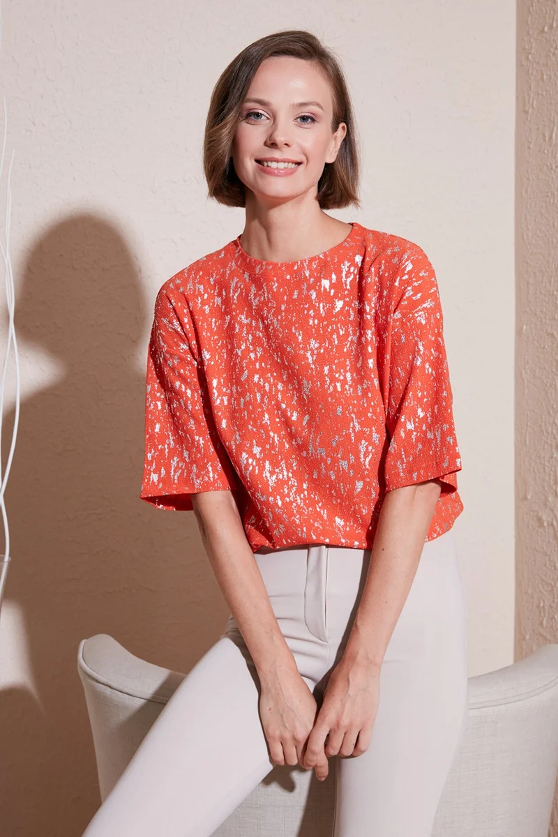Lela Shiny Oversize Fit Crew Neck Blouse Women's Blouse 5865816