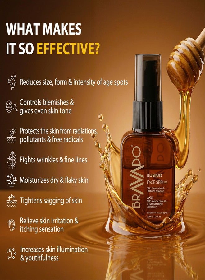 BRAVADO Illuminate Face Serum (Pack of 2) Value Pack for Glowing Skin | Brightening & Dark Spot Reduction | With Vitamin C, Oleuropein, Ascorbyl Glucoside & Royal Jelly Protein | Lightweight Daily Serum for Even Tone & Skin Repair | 30ml Each - Image 4