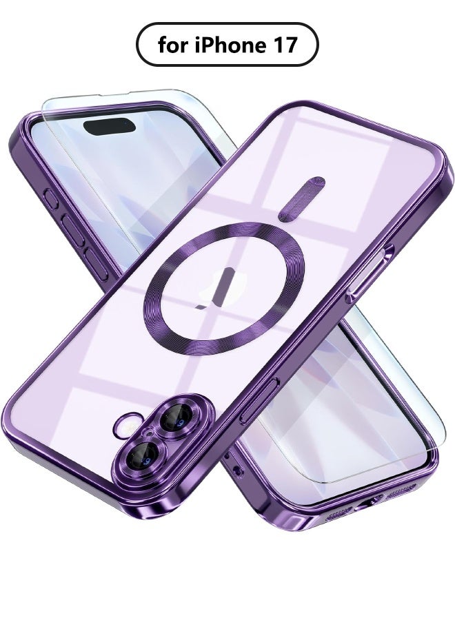 جراب مغناطيسي لهاتف iPhone 17 مع واقي شاشة، متوافق مع MagSafe [لا يصفر أبدًا] [حماية من السقوط] واقي كامل لعدسة الكاميرا مع طلاء ناعم وشفاف، جراب هاتف للنساء، أرجواني غامق - Image 1