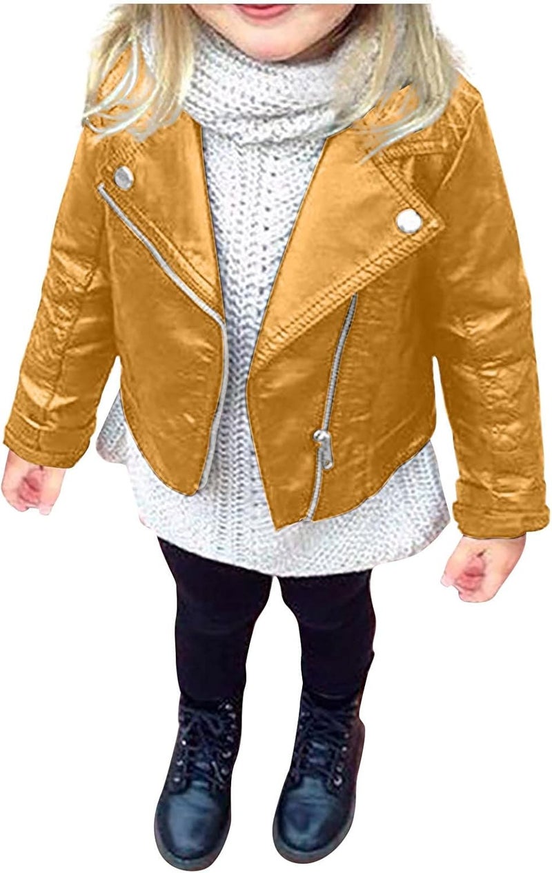 woobles Toddler Baby Boy Girl Kids Outfits Motorcycle Faux Leather Lapel Jackets Zipper Coat Winter Outwear for 3-13Y 18 Months Yellow - Image 1