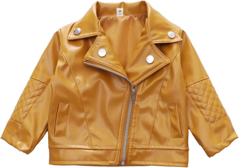 woobles Toddler Baby Boy Girl Kids Outfits Motorcycle Faux Leather Lapel Jackets Zipper Coat Winter Outwear for 3-13Y 18 Months Yellow - Image 4