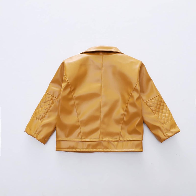 woobles Toddler Baby Boy Girl Kids Outfits Motorcycle Faux Leather Lapel Jackets Zipper Coat Winter Outwear for 3-13Y 18 Months Yellow - Image 3