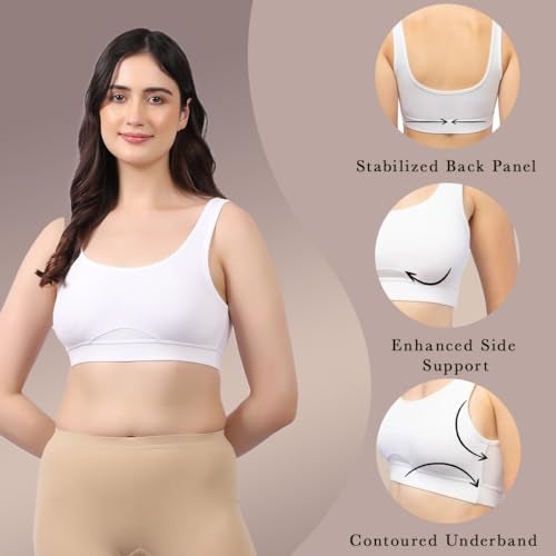 LAVOS Bamboo Cotton Everyday Sports Bra for Women Non Padded Full Coverage, Non Wired Soft Breathable Broad Strap Training Bras for Womens, Yoga, Workout, Gym Bra for Girls/Women White - Image 4