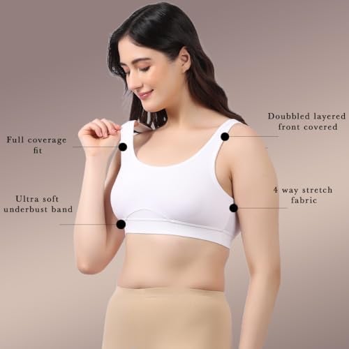 LAVOS Bamboo Cotton Everyday Sports Bra for Women Non Padded Full Coverage, Non Wired Soft Breathable Broad Strap Training Bras for Womens, Yoga, Workout, Gym Bra for Girls/Women White - Image 5