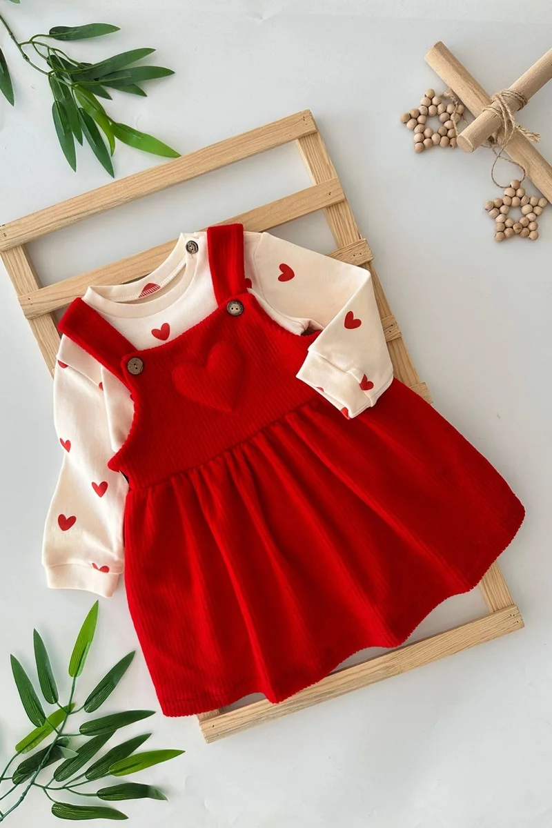 مينيمن جيجيليري My Little Ones (3-12 Months) Heart Patterned Velvet Dress Baby Girl Set - Red