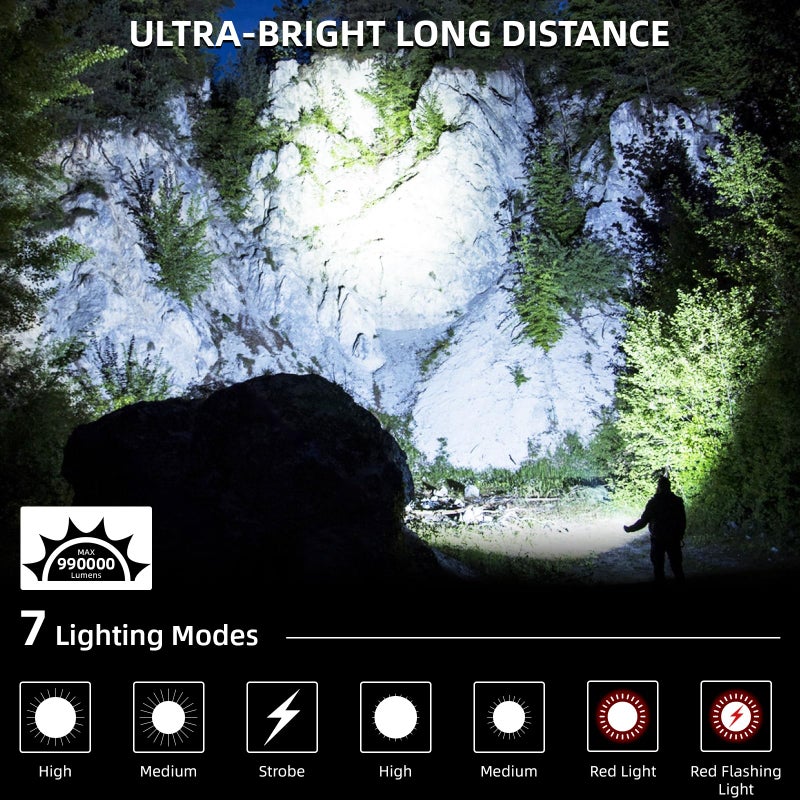azamine Flashlights High Lumens Rechargeable - 990000 Lumen Super Bright LED Flashlight 7 Modes with COB Work Light, IPX7 Waterproof Handheld Flash Light for Home, Camping, Hiking - Image 2