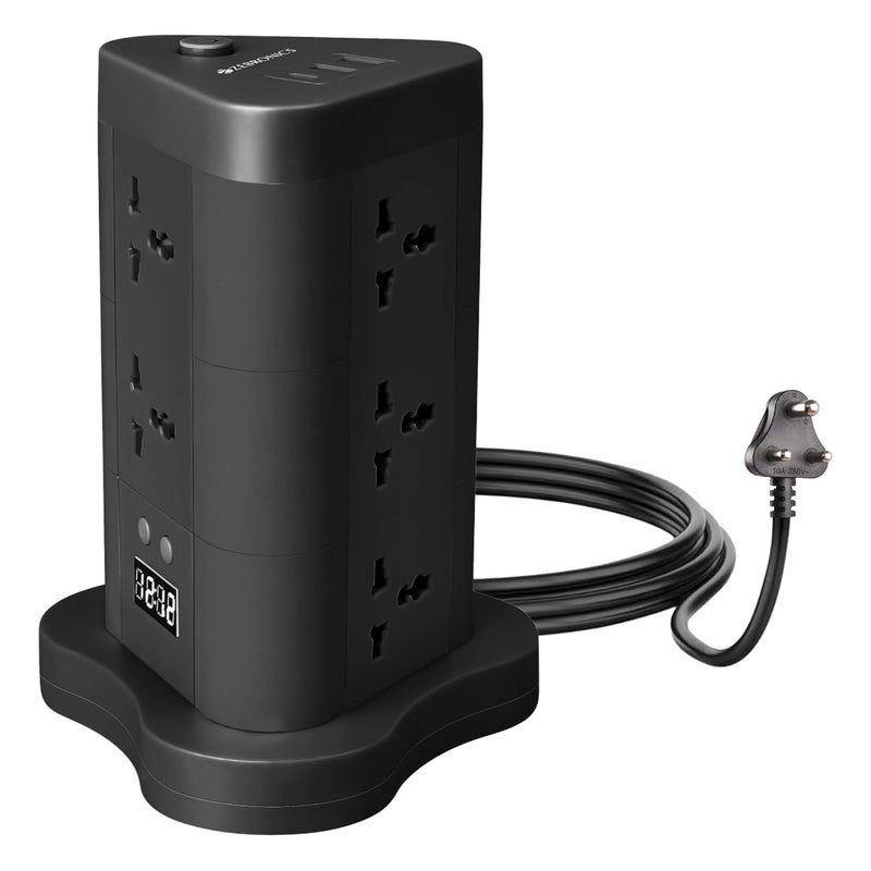ZEBRONICS ZEBRONICS Power Block 385 Tower Extension Board 2500 Watts 10 Amps 1x Type C Port 8X Universal Socket 2X USB Port LED Indicator Digital Counter OnOff Switch 5 Meter  - Image 1