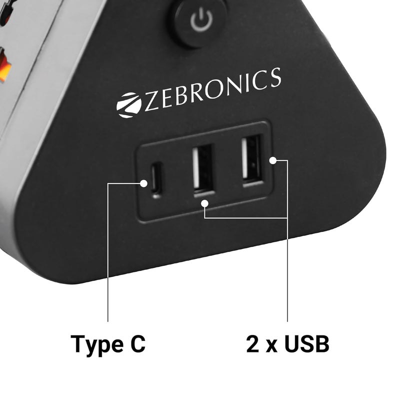 ZEBRONICS ZEBRONICS Power Block 385 Tower Extension Board 2500 Watts 10 Amps 1x Type C Port 8X Universal Socket 2X USB Port LED Indicator Digital Counter OnOff Switch 5 Meter  - Image 4