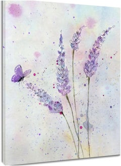 Purple Lavender Wall Art Butterfly with Purple Flower Canvas Wall Art for Living Room,Country Floral Nature Plant Framed Wall Art for Bathroom Bedroom Wall Decor Ready to Hang,16x24 inches