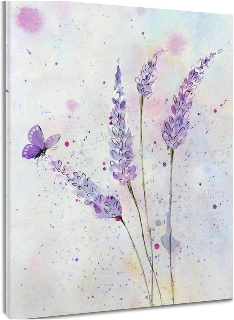 Today Idea - Purple Lavender Wall Art Butterfly with Purple Flower Canvas Wall Art for Living Room,Country Floral Nature Plant Framed Wall Art for Bathroom Bedroom Wall Decor Ready to Hang,16x24 inches - Image 1