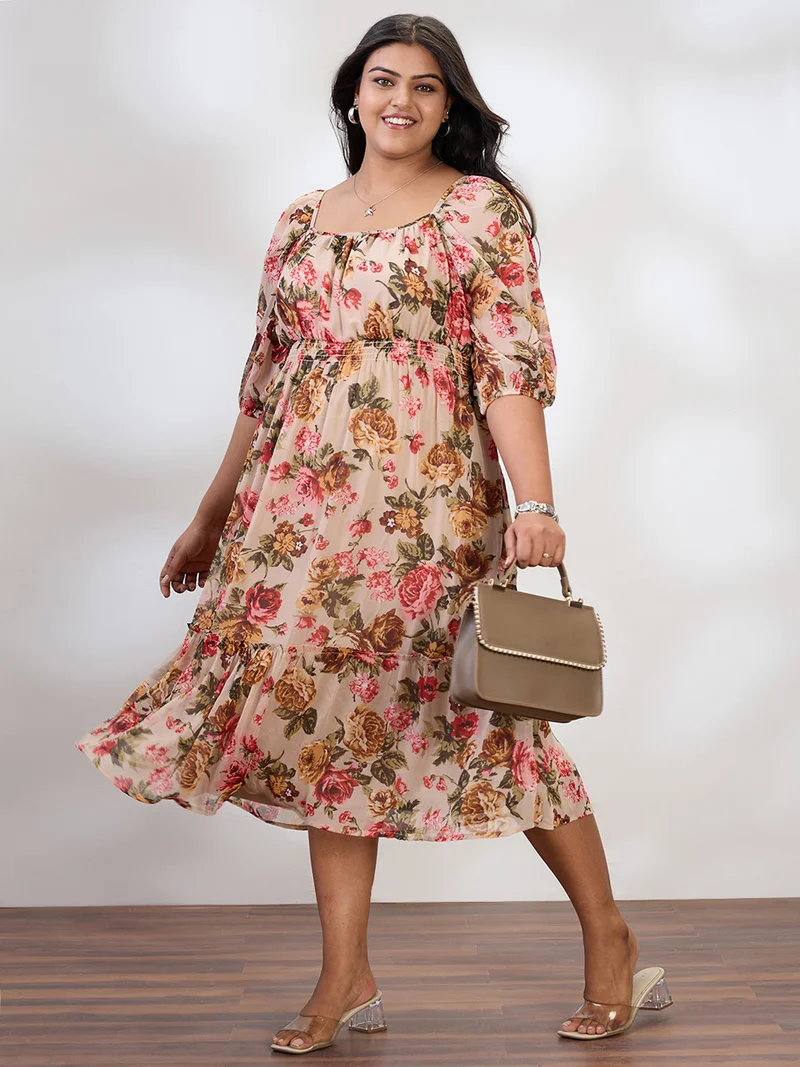 globus Gloplus Women Beige Square Neck Raglan Sleeves Floral Print Smocked Tiered Plus Size Fit & Flare Midi Dress