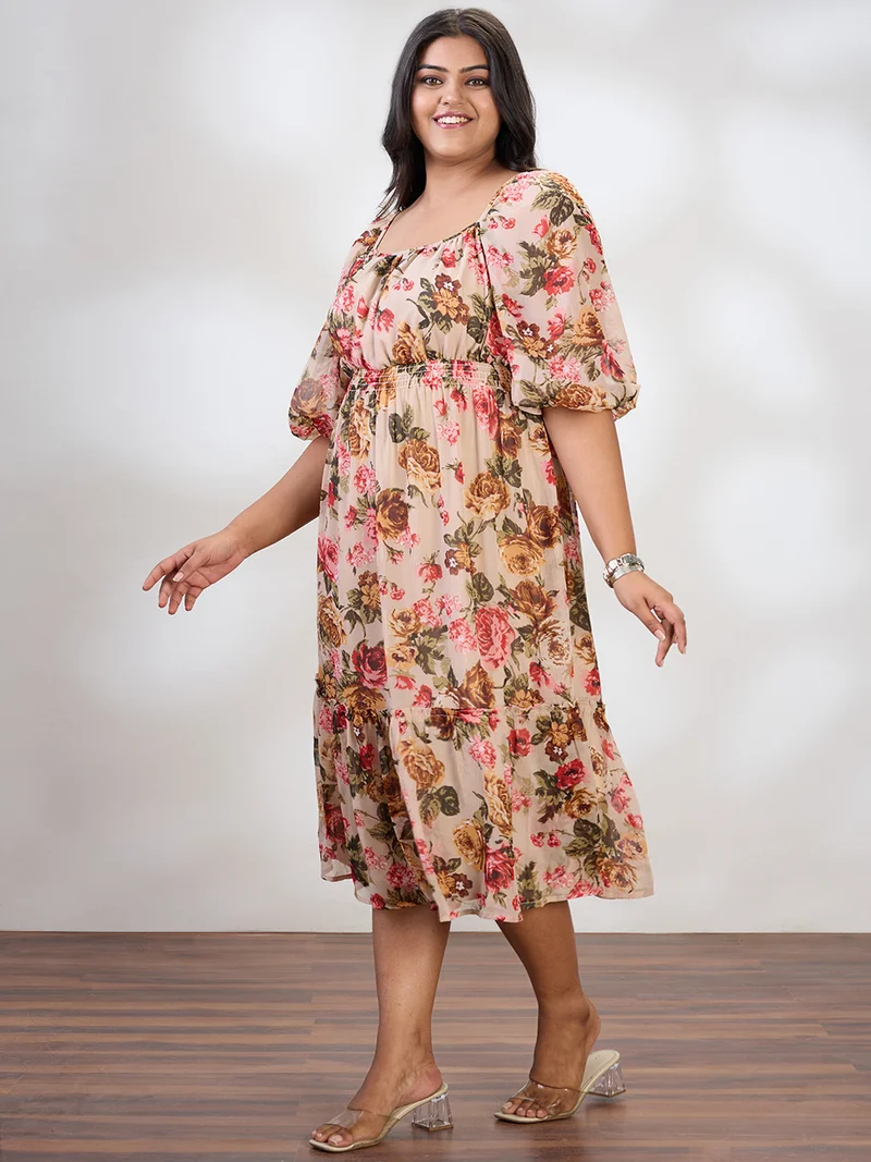 globus Gloplus Women Beige Square Neck Raglan Sleeves Floral Print Smocked Tiered Plus Size Fit & Flare Midi Dress