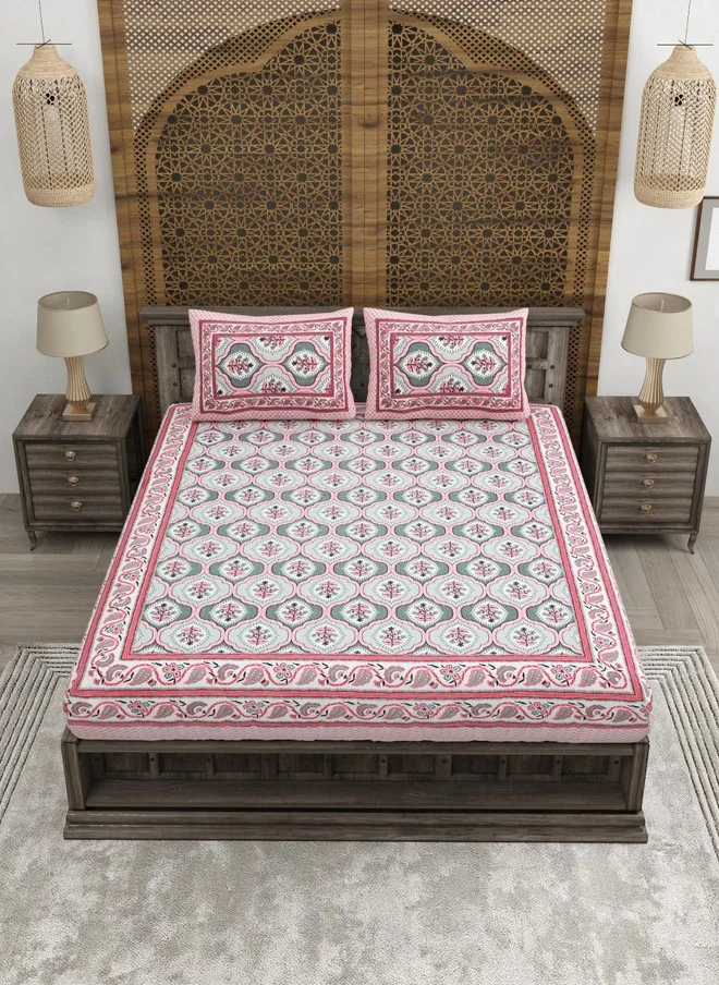 CLOTHOLOGY CLOTHOLOGY Pink & Grey Floral Pure Cotton 180 TC King Bedsheet Set