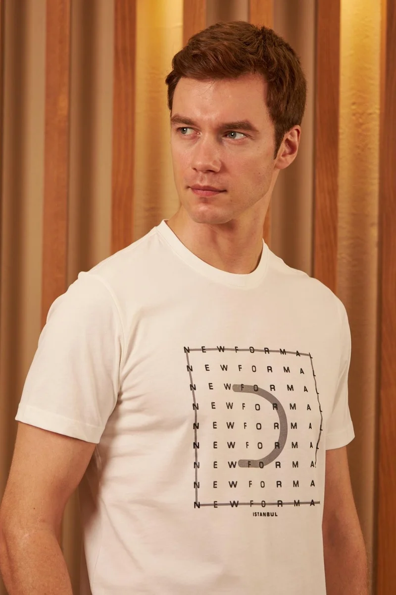 اوديلون Men's Comfort Fit Printed Cotton T-Shirt Ecru New Formal MARS15