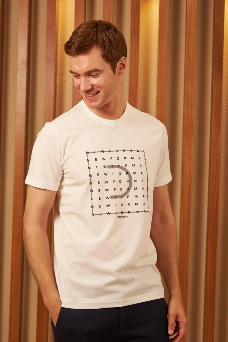 اوديلون Men's Comfort Fit Printed Cotton T-Shirt Ecru New Formal MARS15