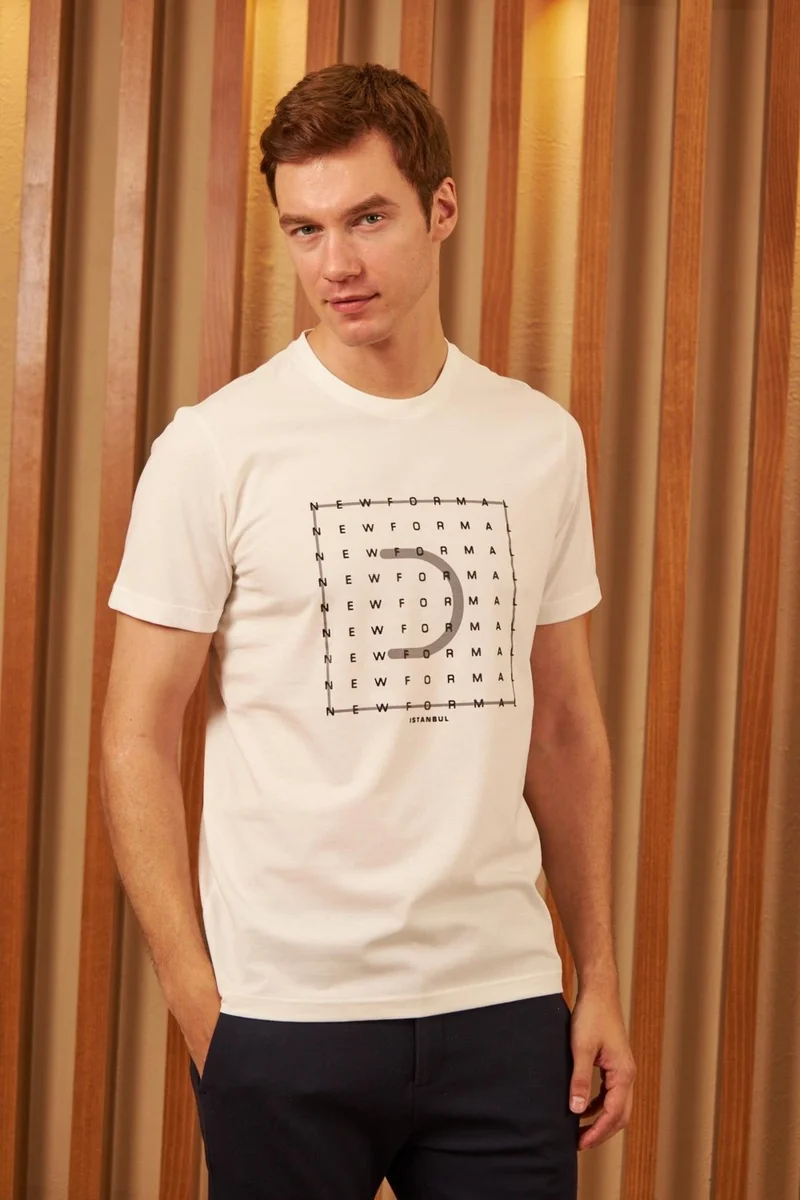 اوديلون Men's Comfort Fit Printed Cotton T-Shirt Ecru New Formal MARS15