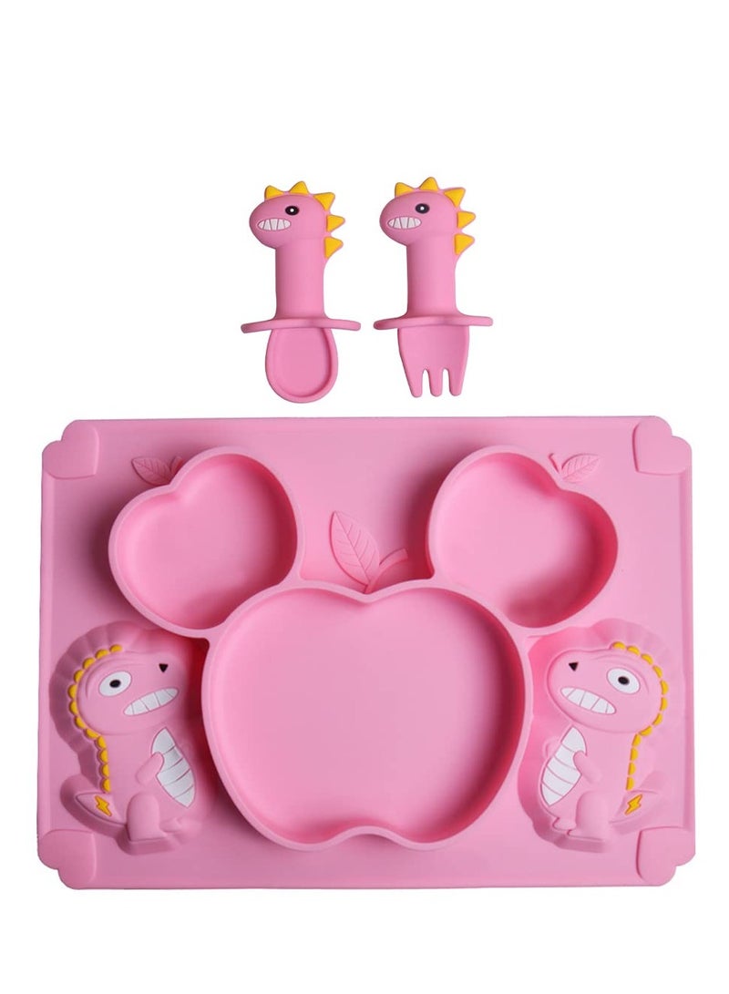 Toddler Baby Plates Silicone Divided Cartoon, Silicone Toddlers Divided Placemat for Kids, Non-Slip Baby Feeding Weaning Plate, Dishwasher  Microwave Safe(Dinosaur Pink) - Image 1
