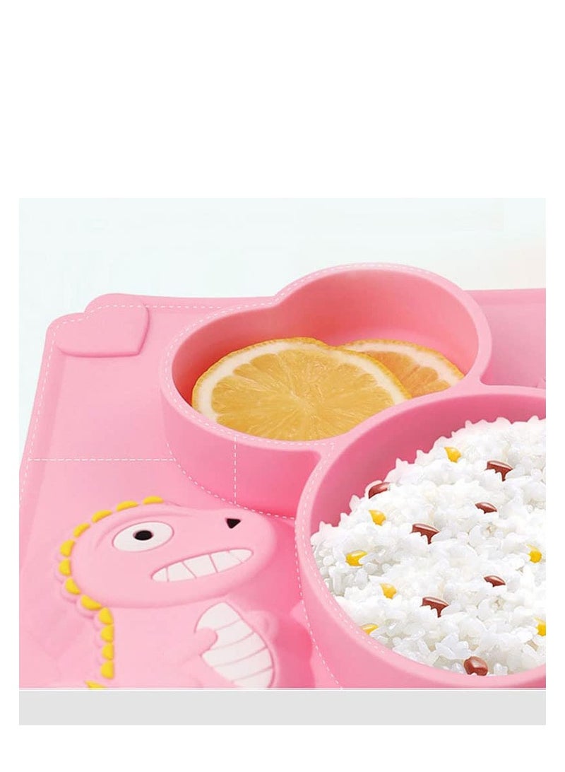 Toddler Baby Plates Silicone Divided Cartoon, Silicone Toddlers Divided Placemat for Kids, Non-Slip Baby Feeding Weaning Plate, Dishwasher  Microwave Safe(Dinosaur Pink) - Image 3