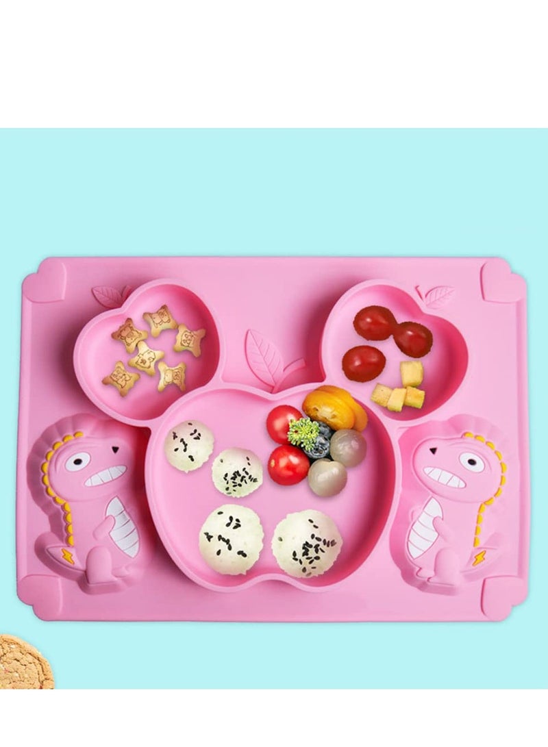 Toddler Baby Plates Silicone Divided Cartoon, Silicone Toddlers Divided Placemat for Kids, Non-Slip Baby Feeding Weaning Plate, Dishwasher  Microwave Safe(Dinosaur Pink) - Image 2