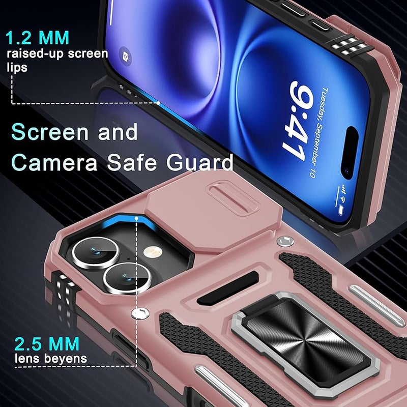 DEERLAMN for Phone 17 Case with Slide Camera Cover + Screen Protector (2 Packs), Rotated Ring Kickstand Military Grade Shockproof Protective Cover-Rose Gold - Image 5