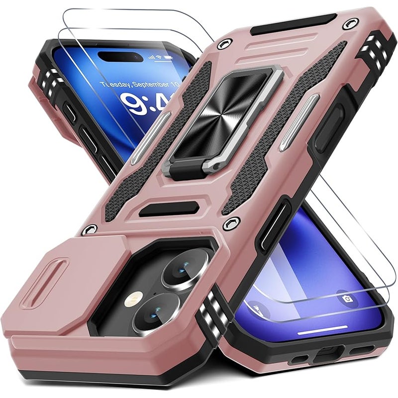 DEERLAMN for Phone 17 Case with Slide Camera Cover + Screen Protector (2 Packs), Rotated Ring Kickstand Military Grade Shockproof Protective Cover-Rose Gold - Image 1