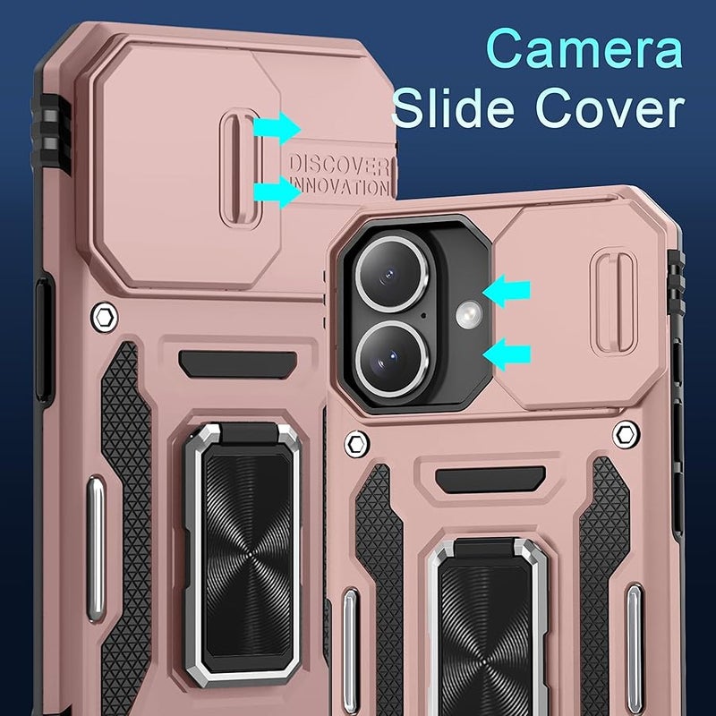 DEERLAMN for Phone 17 Case with Slide Camera Cover + Screen Protector (2 Packs), Rotated Ring Kickstand Military Grade Shockproof Protective Cover-Rose Gold - Image 2