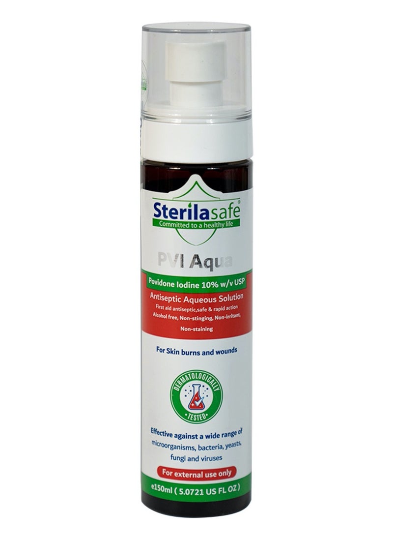Sterilasafe Sterilasafe PVI Aqua Antiseptic Aqueous Solution,Povidone Iodine 10% Prep Solution USP, First Aid Antiseptic For Skin burns and wounds, without Alcohol, 150 ML  - Image 1