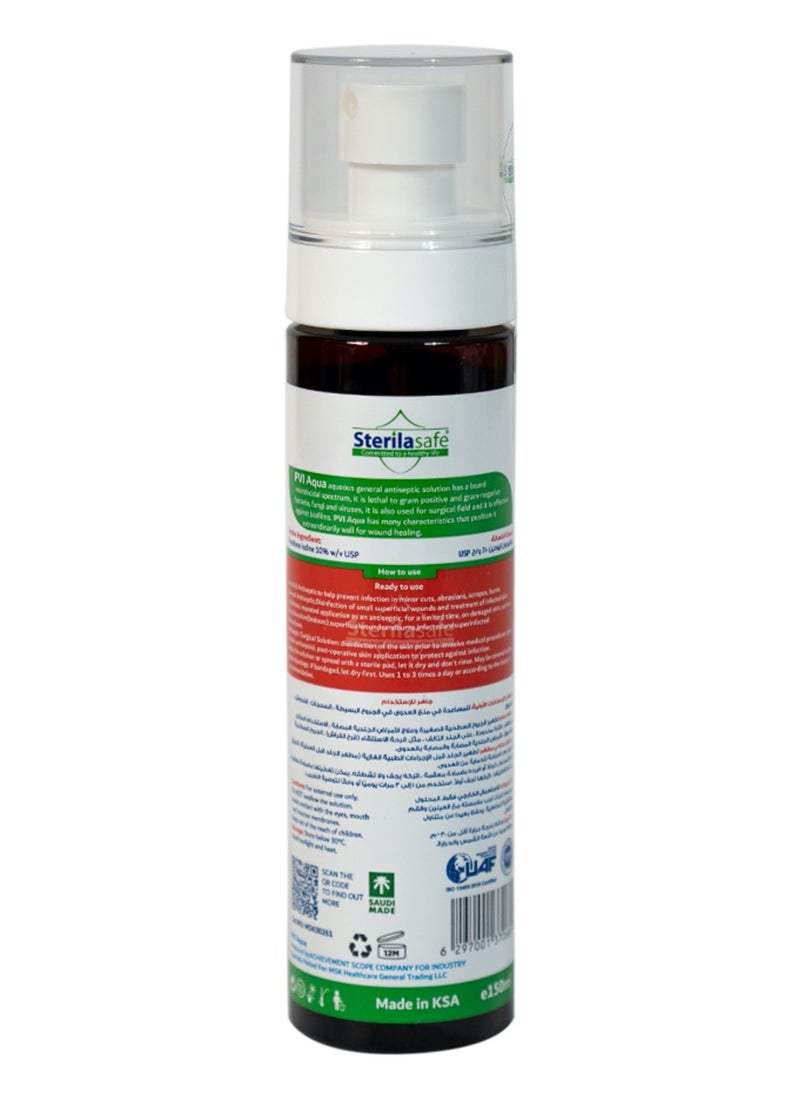 Sterilasafe Sterilasafe PVI Aqua Antiseptic Aqueous Solution,Povidone Iodine 10% Prep Solution USP, First Aid Antiseptic For Skin burns and wounds, without Alcohol, 150 ML  - Image 2