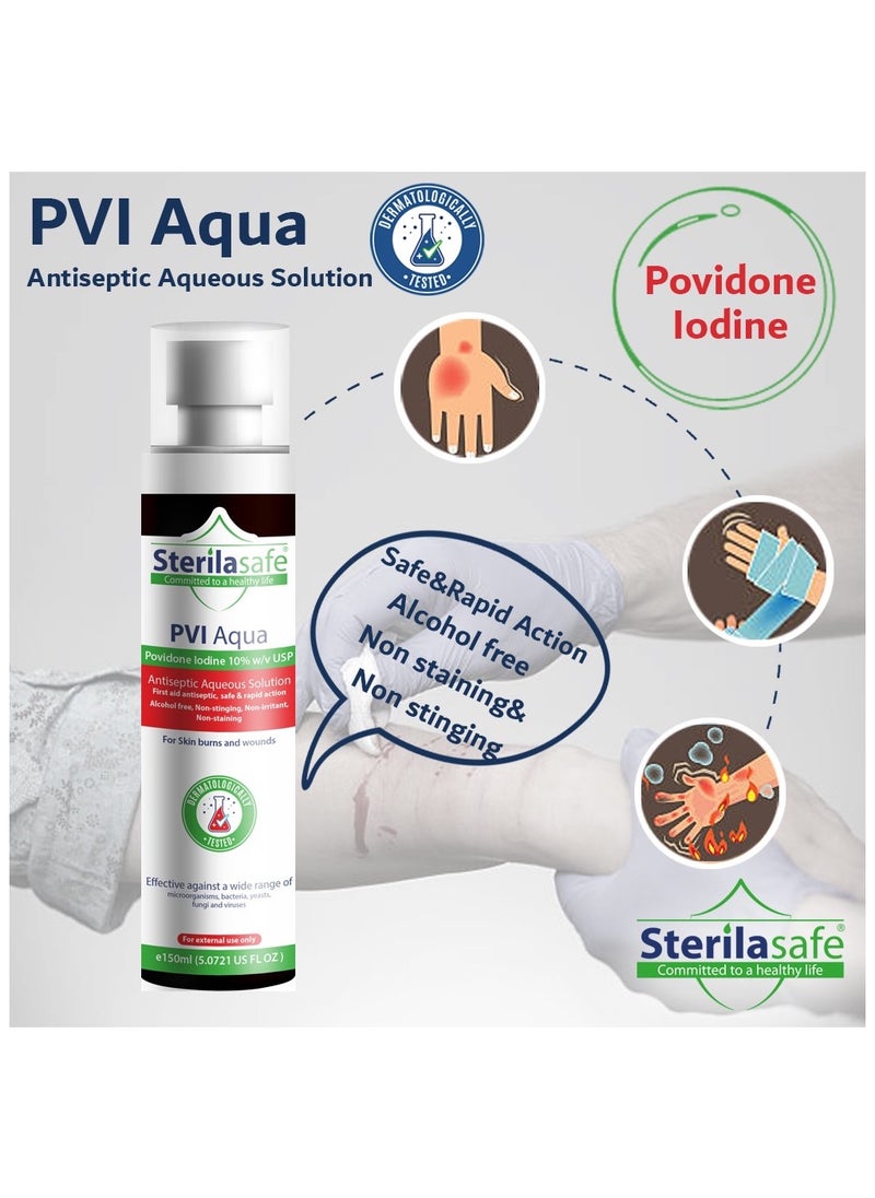 Sterilasafe Sterilasafe PVI Aqua Antiseptic Aqueous Solution,Povidone Iodine 10% Prep Solution USP, First Aid Antiseptic For Skin burns and wounds, without Alcohol, 150 ML  - Image 3