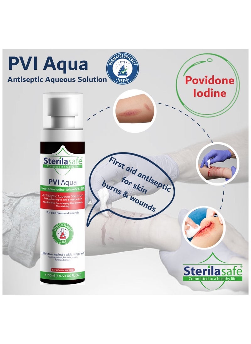Sterilasafe Sterilasafe PVI Aqua Antiseptic Aqueous Solution,Povidone Iodine 10% Prep Solution USP, First Aid Antiseptic For Skin burns and wounds, without Alcohol, 150 ML  - Image 4