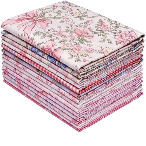 Hanjunzhao 14Pcs Valentines Bow Print Cotton Fat Quarters Fabric Bundles 18 x 22 Inch for Quilting, DIY Bowknot, Hair Accessories, Gift Wrapping, Holiday Valentine Party Home Décor, and Crafts (Bows) - Image 1