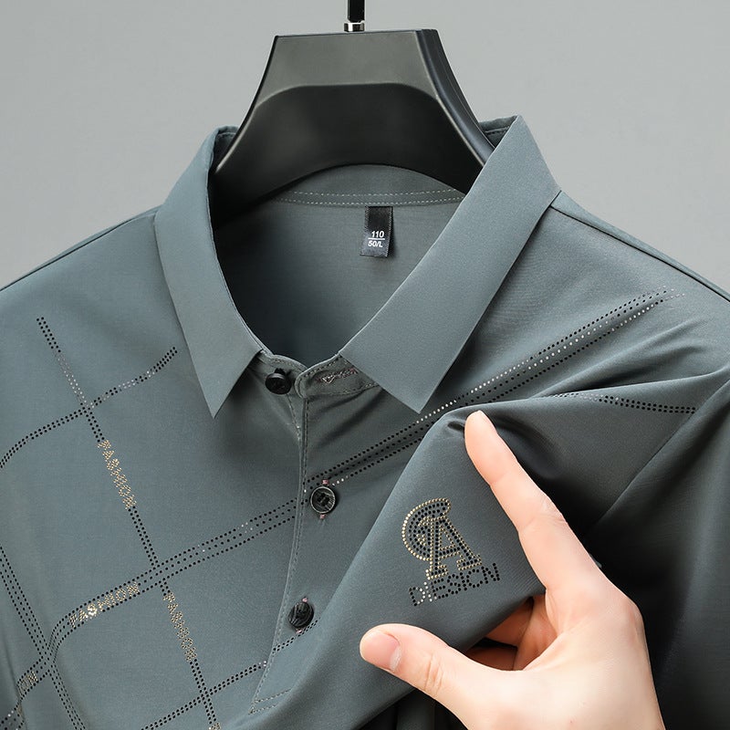 Men's Short Sleeve Polo Shirt Summer Business Casual Ice Silk Button Down Top - Image 3