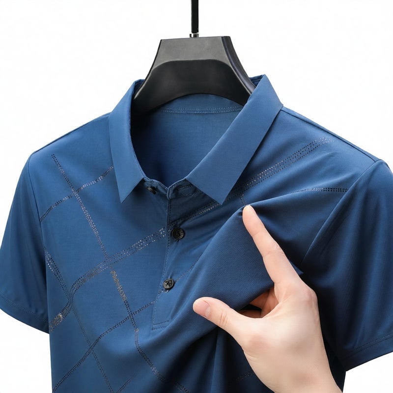 Men's Short Sleeve Polo Shirt Summer Business Casual Ice Silk Button Down Top - Image 1