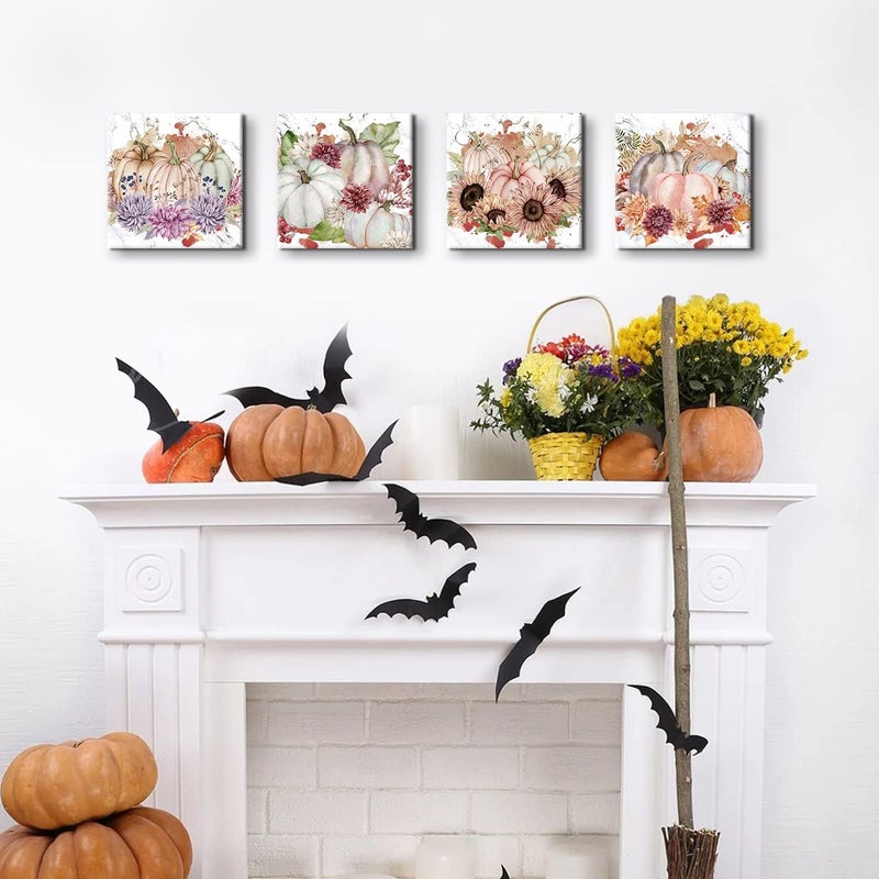 YOOOAHU Fall Canvas Wall Art Pumpkin Wall Decor Halloween Decorations Indoor Autumn Harvest Themed Sunflower Pictures Painting for Kitchen Dinner Room Festival Party Home Decor Pumpkins Posters 12x12" 4 Pcs - Image 2