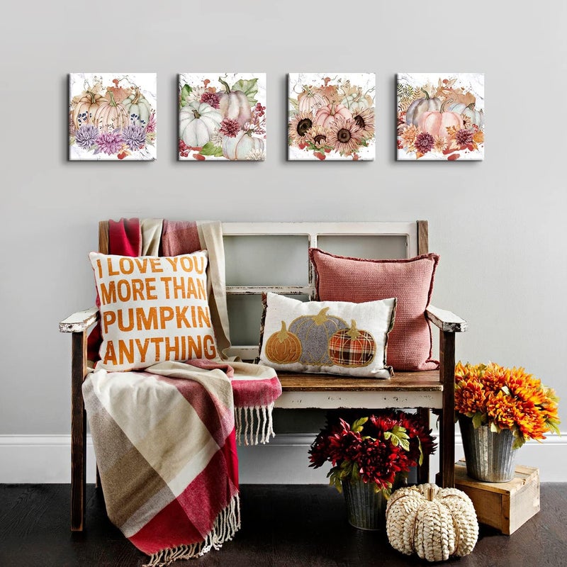 YOOOAHU Fall Canvas Wall Art Pumpkin Wall Decor Halloween Decorations Indoor Autumn Harvest Themed Sunflower Pictures Painting for Kitchen Dinner Room Festival Party Home Decor Pumpkins Posters 12x12" 4 Pcs - Image 3
