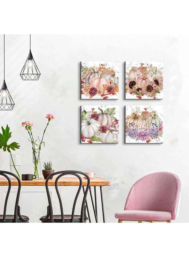 YOOOAHU Fall Canvas Wall Art Pumpkin Wall Decor Halloween Decorations Indoor Autumn Harvest Themed Sunflower Pictures Painting for Kitchen Dinner Room Festival Party Home Decor Pumpkins Posters 12x12" 4 Pcs - Image 5