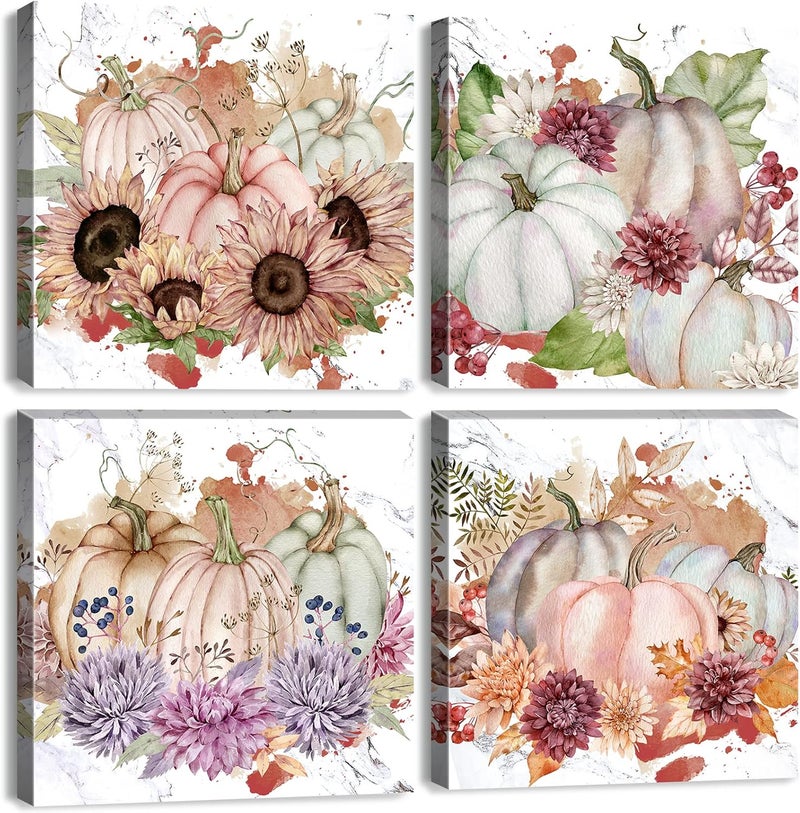 YOOOAHU Fall Canvas Wall Art Pumpkin Wall Decor Halloween Decorations Indoor Autumn Harvest Themed Sunflower Pictures Painting for Kitchen Dinner Room Festival Party Home Decor Pumpkins Posters 12x12" 4 Pcs - Image 1
