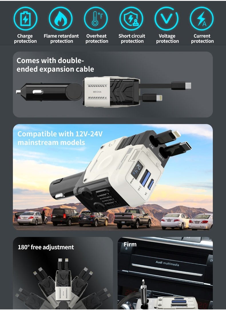 X-PRO5 Car Trucks Fast Charger 4 in 1 Dual Retractable Cable Dual Port USB C PD Fast Charging Adapter with Voltage Display Support 12v-24v  - Image 2