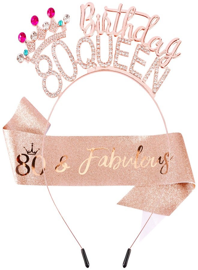 VELSCRUN 80th Birthday Queen Headband, Tiara Crown for Women, 80th Birthday Decorations for Her, Birth Queen Tiaras Crowns Sash for Women Mom Birth Party Decoration Hair Accessories Rose Gold - Image 1