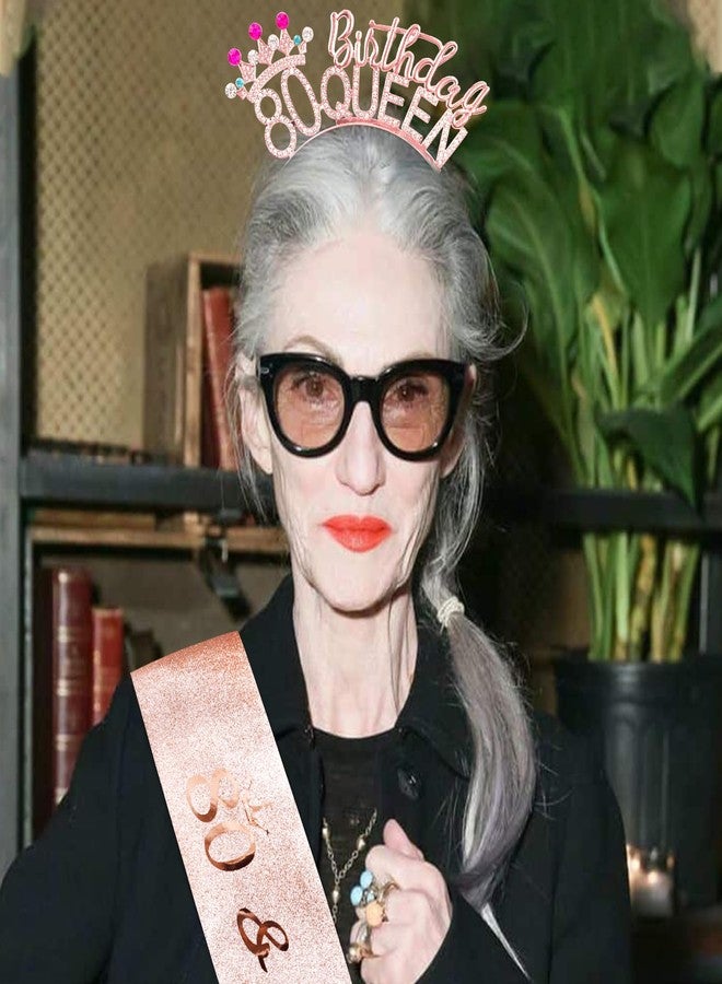 VELSCRUN 80th Birthday Queen Headband, Tiara Crown for Women, 80th Birthday Decorations for Her, Birth Queen Tiaras Crowns Sash for Women Mom Birth Party Decoration Hair Accessories Rose Gold - Image 2
