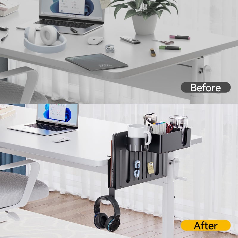 KDD 7 in 1 Desk Side Organizer Set, Under Desk Laptop Holder Storage, No Drill Laptop Stand Mount with 2 Cup Holder, Pen Holder, Headphone Hanger and 2 Pin Magnet, Detachable Hanging Stand - Image 3