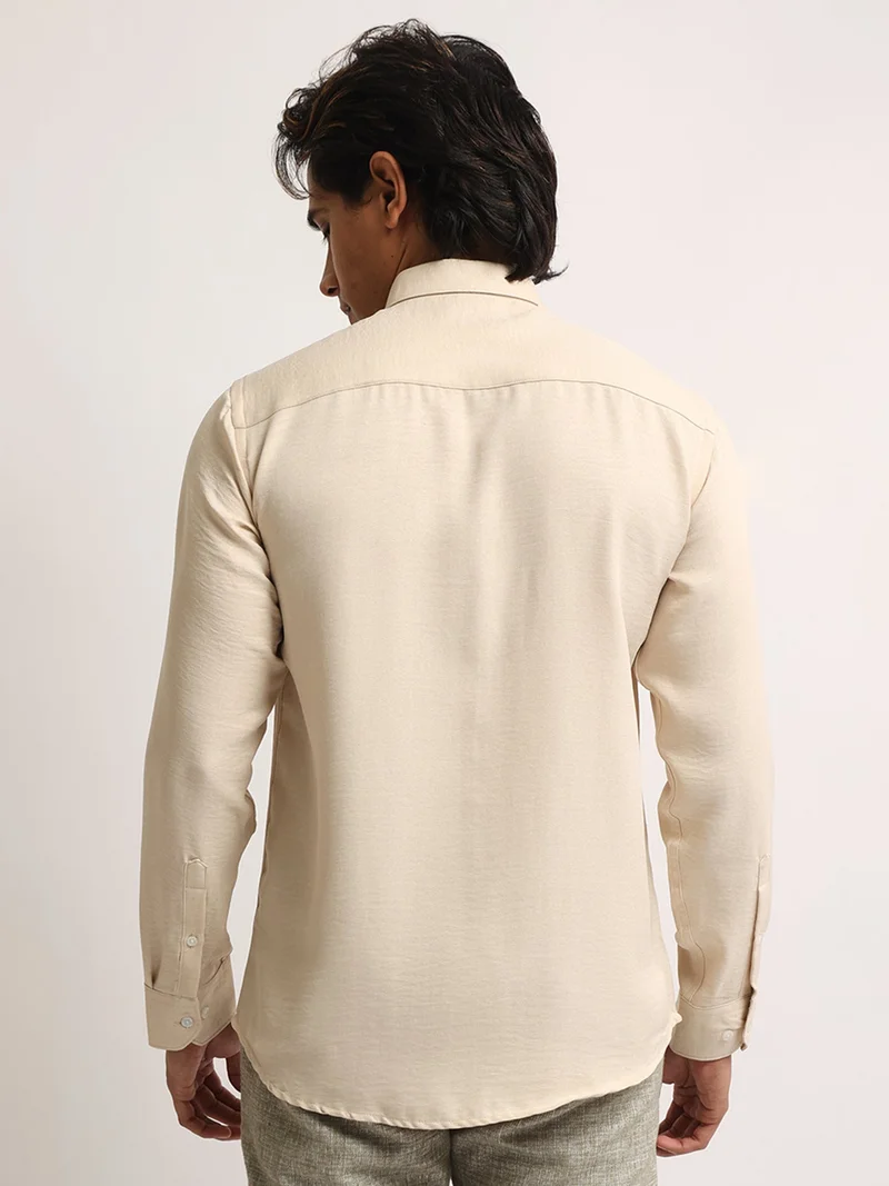Maniac  Maniac Mens Solid collared Neck Full Sleeve Super Twill Fabric Beige Shirt for Men | Best Price UAE