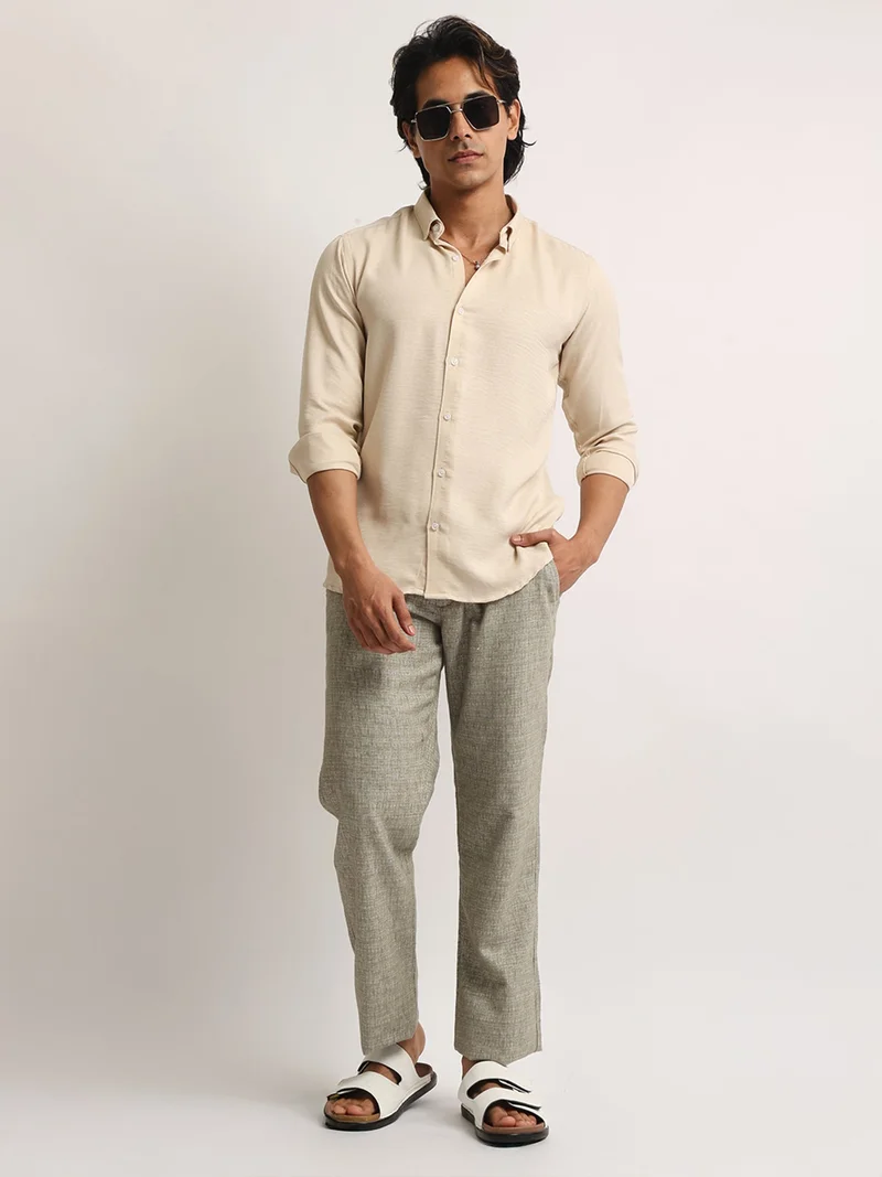 Maniac  Maniac Mens Solid collared Neck Full Sleeve Super Twill Fabric Beige Shirt for Men | Best Price UAE
