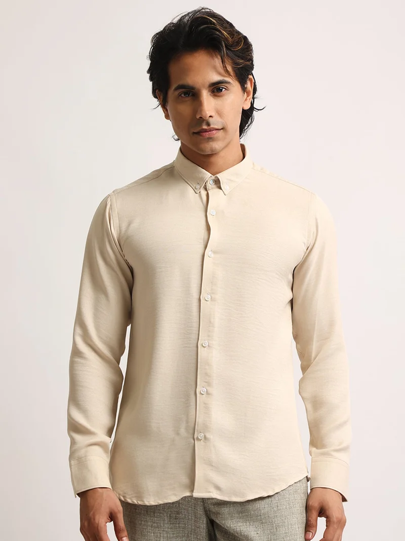 Maniac  Maniac Mens Solid collared Neck Full Sleeve Super Twill Fabric Beige Shirt for Men | Best Price UAE